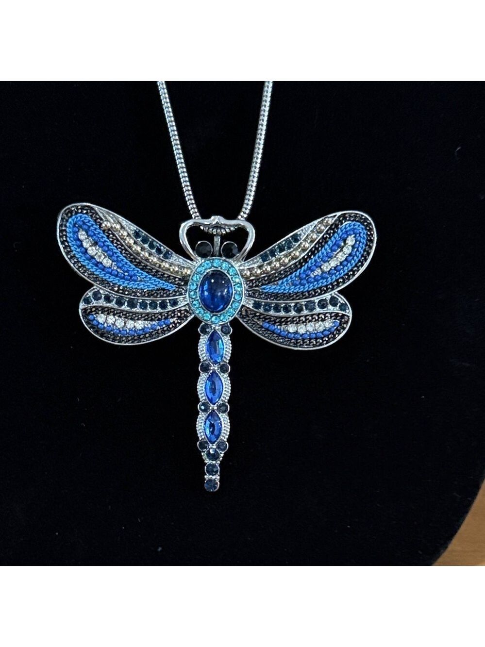 Vintage Blue Dragonfly large rhinestone pendant on silver tone chain